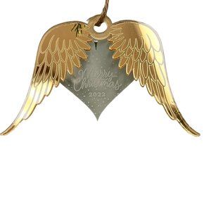 Gold Mirror Angel Wings over Frosted Heart Ornament "Merry Christmas 2022"